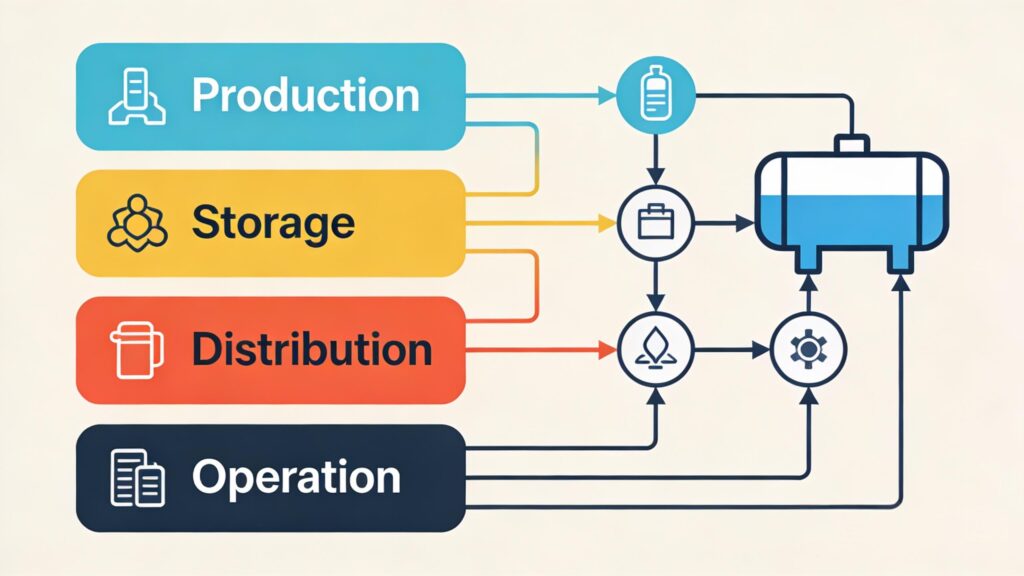 Diagram showing hydrogen infrastructure layers: production, storage, distribution, and operation